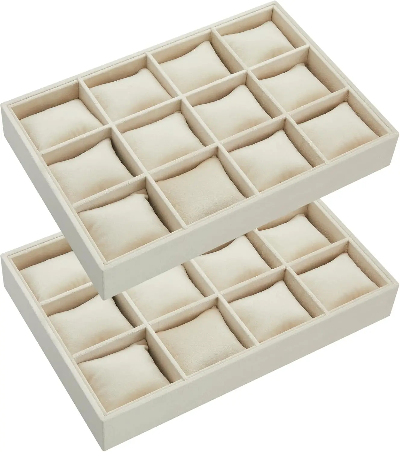 

2-Piece Beige Velvet Watch Tray Jewelry Organizer, Stackable & Adjustable Display Holder
