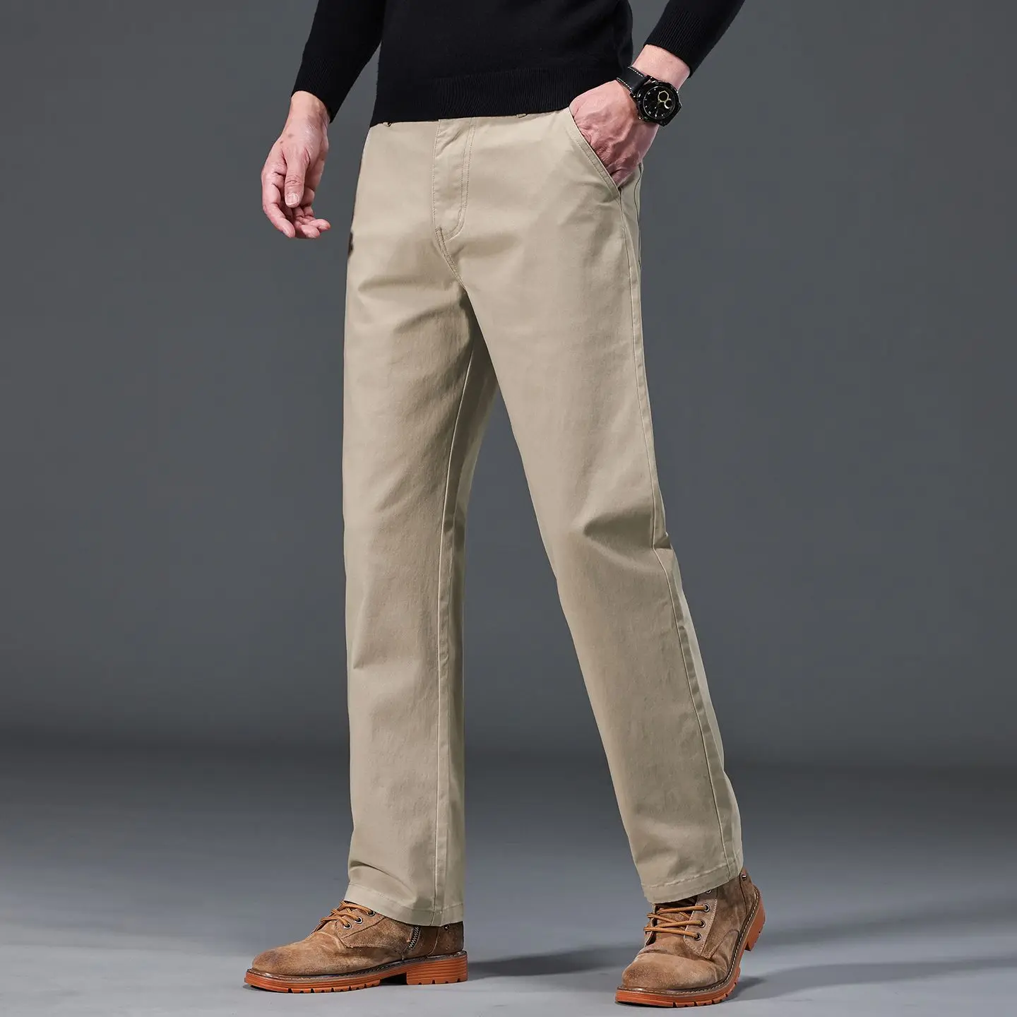 Men's Straight‑Leg Casual Pants 97% Cotton 3% Spandex Fabric Elastic Soft Business Trousers Solid Color Multi‑Color Options Dail