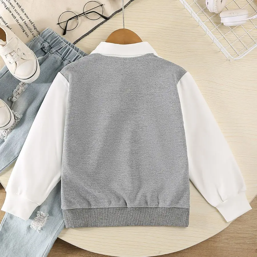 Boys Casual Pullover Sweatshirt Fake Two-Piece Design with White Collar and Gray Vest Panel Letter Patch Crew Neck Top for Kids