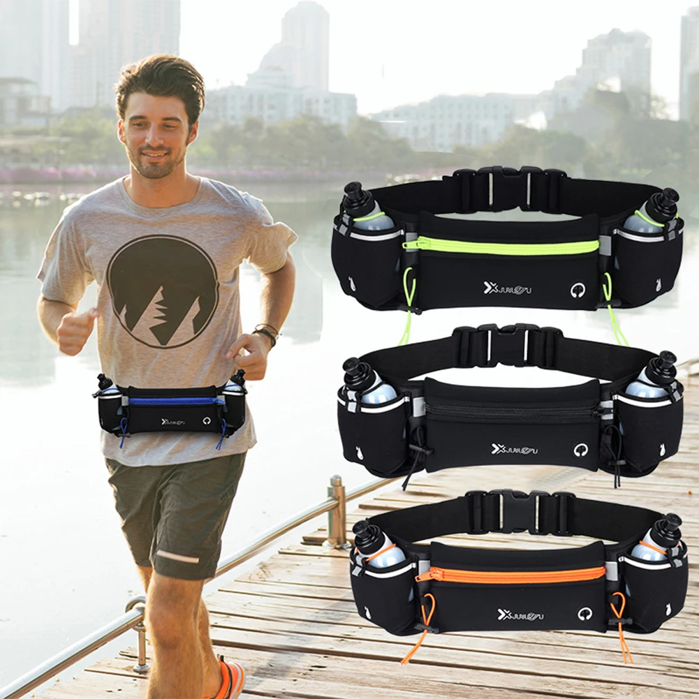 Running Waist Bag with Bottles Multiple Pockets Fanny Pack with Reflective Strip Waist Bag Adjustable Strap for Outdoor Sports