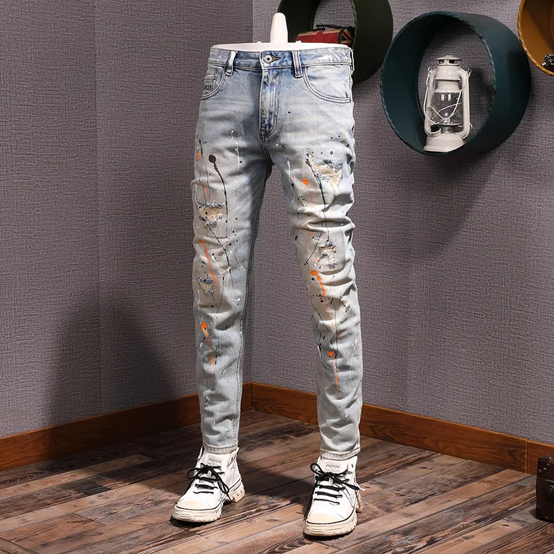 

Высококачественные джинсы для тяжелой промышленности в стиле ретро с принтом краски, мужские уличные эластичные рваные узкие брюки с граффити