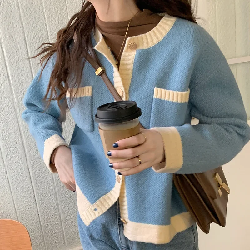 

Cardigan Jackets Women Clothing Pull Femme Fashion Vintage Knitting Contrast Color Sweater Top O-neck Casual Korean Sueter Mujer