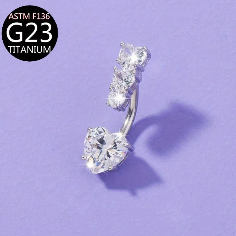 Ins Style Luxury Shiny European Multi‑Layer Heart CZ Navel Ring F136 Titanium Heart Belly Button Stud Sexy Body Piercing Jewelry