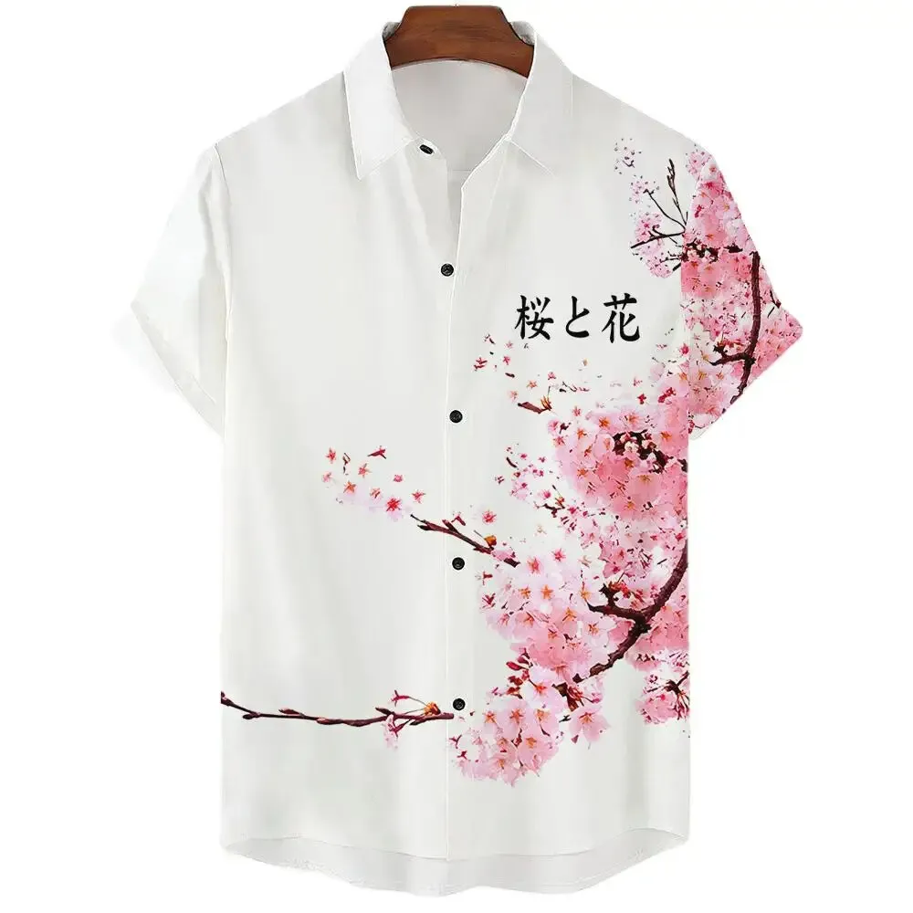 Pure White Tops Cherry Blossom Print Men\'s Short-sleeved Shirts For Vacation Daily Wear Men\'s Short-sleeved Shirts Oversized Top