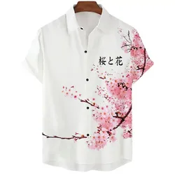 Pure White Tops Cherry Blossom Print Men's Short-sleeved Shirts For Vacation Daily Wear Men's Short-sleeved Shirts Oversized Top