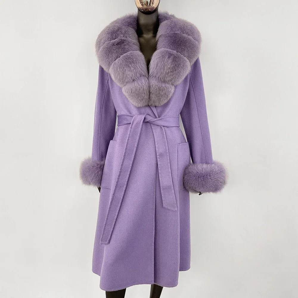

CXFS Autumn Winter New 100% Double-sided Wool Water Ripple Wool Coat with Detachable Fox Fur Collar Women's Loose Casual Jacket