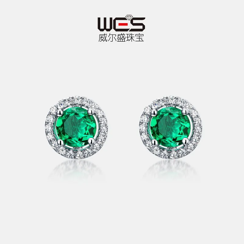 18K Gold Earrings, Cultured Emerald Colored Baby Stones PT950 Platinum Earrings for Women, Retro Light Luxury Style Earrings