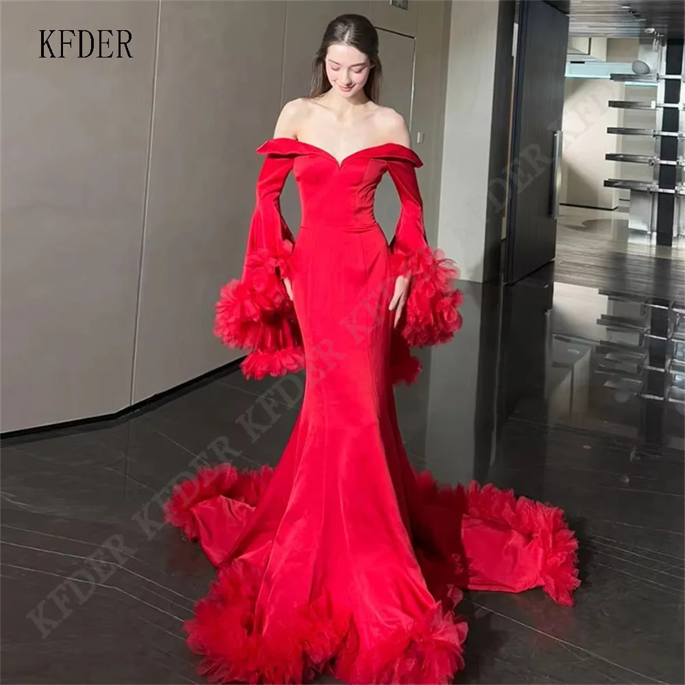 Red Off Shoulder Prom Dress with Pleats Party Dress Mermaid Ruched Evening Dress Long Satin Celebrity Gala Dress Customized