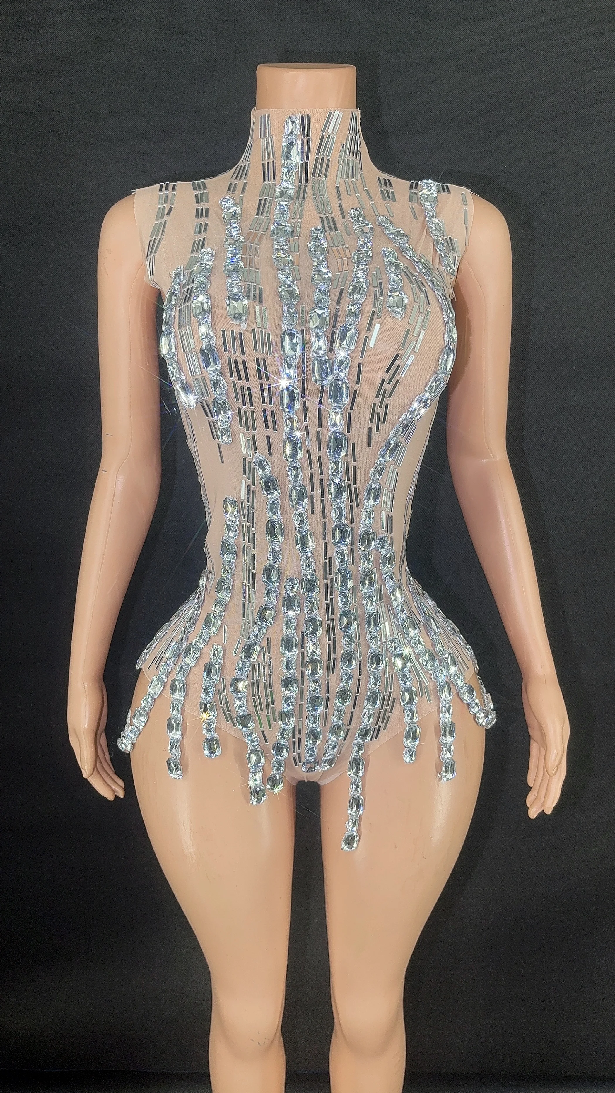 Women Sparkly Rhinestone chain  Bodysuit Sexy Transparent Sleeveless Nightclub Team Performance Costume Show Stage Wear