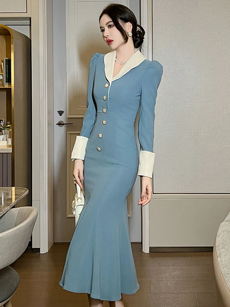 Lady Sweet Vintage Work Style Formal Occasion Fishtail Dress Women Clothes Commute Elegant Office Lapel Slim Robe Femme Vestidos