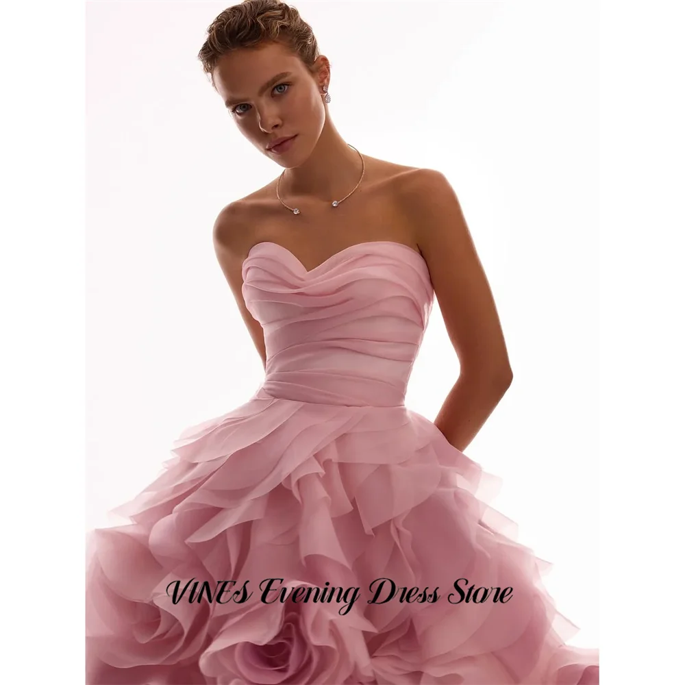 

VINES Pink Evening Dress with 3D Rose Ruffle Party Dress Corset Back vestidos de fiesta Sweetheart Tulle Prom Gowns Customized