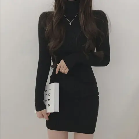 여성 니트 하이넥 슬림핏 드레스 시크한 가을 겨울 베이스 레이어 쇼트 스커트 코트 매칭 긴팔 드레스