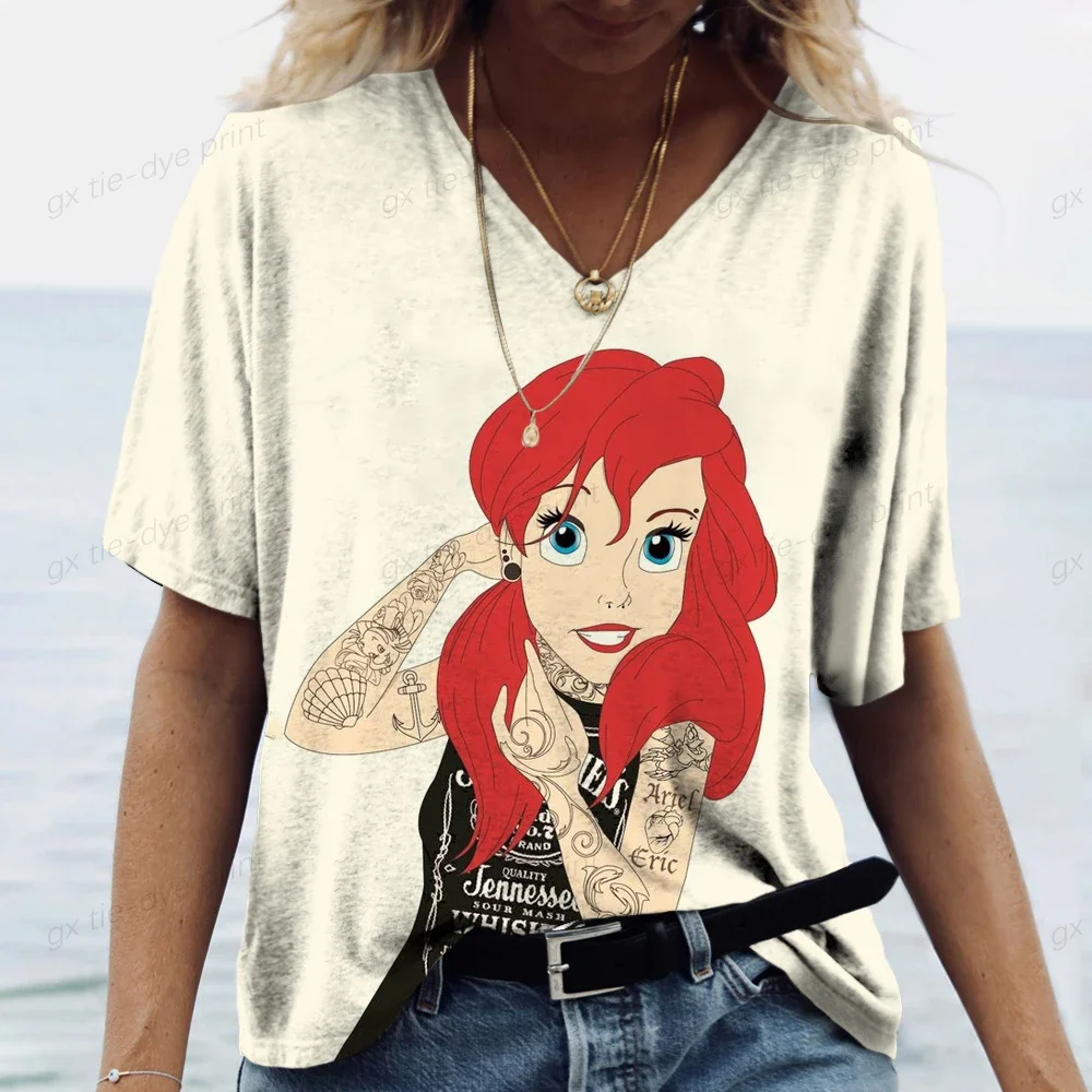 Street Fashion Clothing Disney Princess Women\'s V-neck T-shirt Summer Women\'s Top Harajuku Cartoon Pattern Girl T-shirt Cute