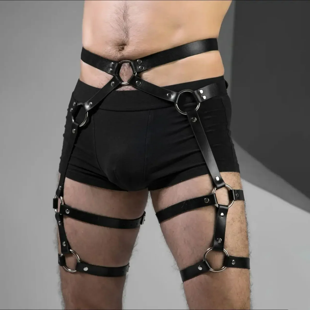 Sexy Men\'s Body Leg Harness Belts Pu Leather Adjustable Punk Style Belt Male Bondage Gay Party Fetish Costume Exotic Accessorie