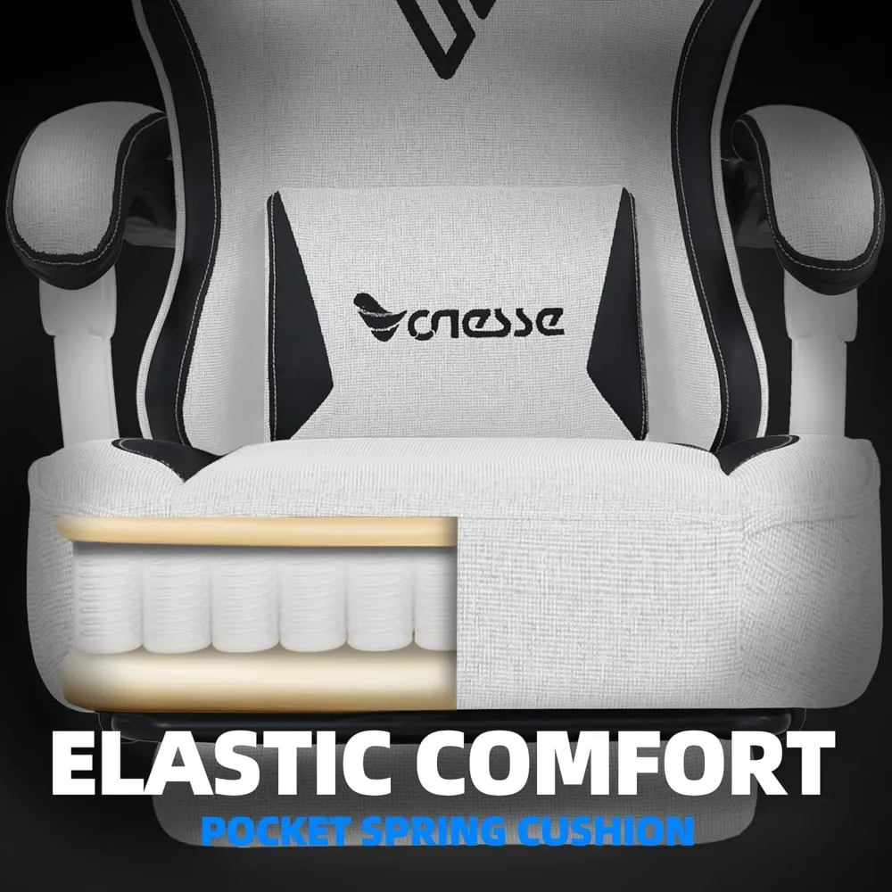 Computer Gaming Chair Fabric with Pocket Spring Cushion, Office Chair with Footrest, Massage Lumbar Support, Ergonomic R