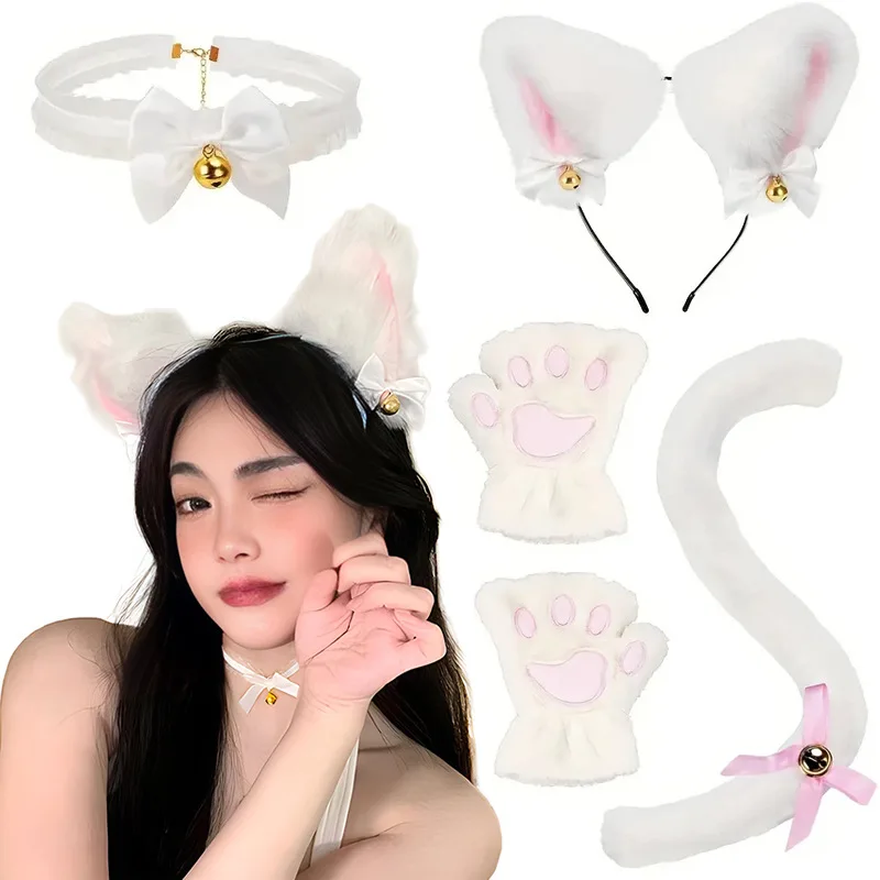 

5Pcs Sets Cat Paw Gloves Winter Cute Cartoon Cosplay Cats Prop Girl Open Finger Gloves Bell Headband Fox Cat Ear Tail Headwear