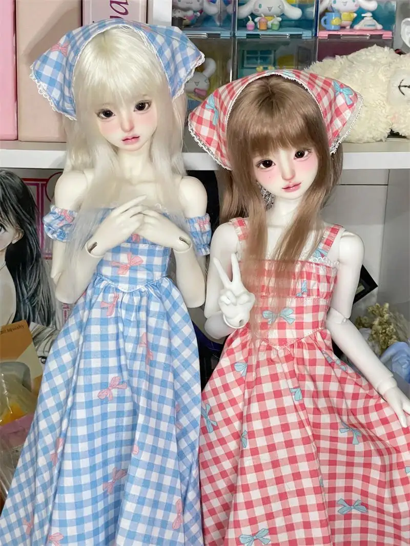 D09-P183 children handmade toy   1/4 MDD MSD BJD Doll clothes Square neck bubble sleeves plaid dress 3pcs/set