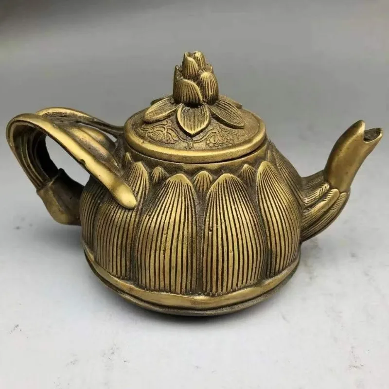 Chinese antique collection cupronickel lotus teapot crafts Statue Antique copper carving flower pot