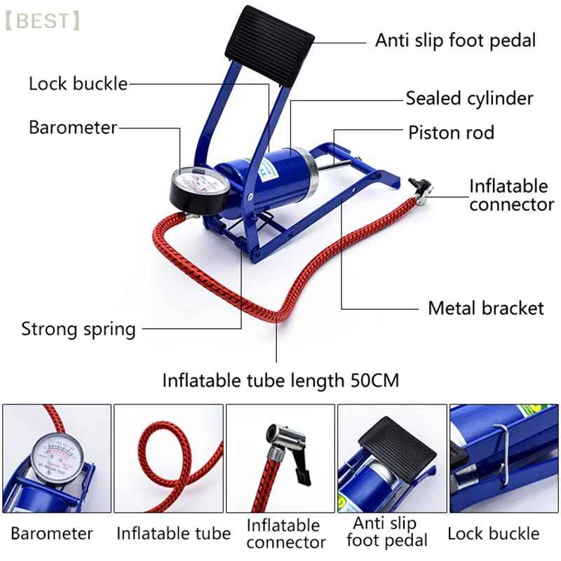 Bicycle Air Pump With Pressure Gauge Portable Foot-operated Road Mountain Bike Air Pump Valve For Motorcycle Electric Bicycle