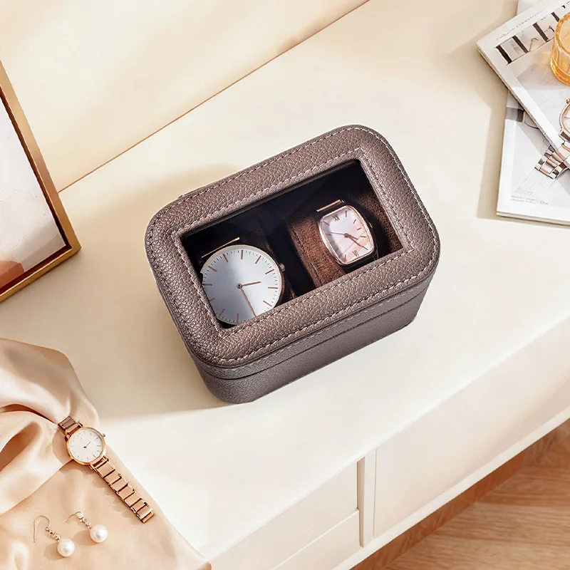 Portable Watch Storage Box with Transparent Cover 2 Slot Travel Watch Case PU Leather Wristwatch Storage Display Box Luxury Gift