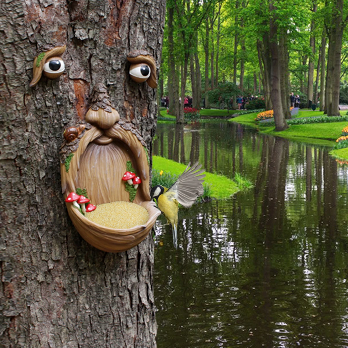 

Resin tree face mushroom bird feeder set，Suitable for decorating large trees in courtyard gardens，Outdoor wild bird feeder