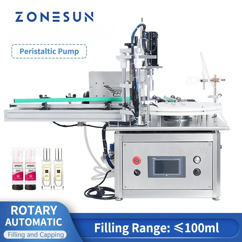 ZONESUN Peristaltic Pump Automatic Filling and Capping Machine with Conveyor Tabletop Perfume Bottle Liquid Vial AFC1T