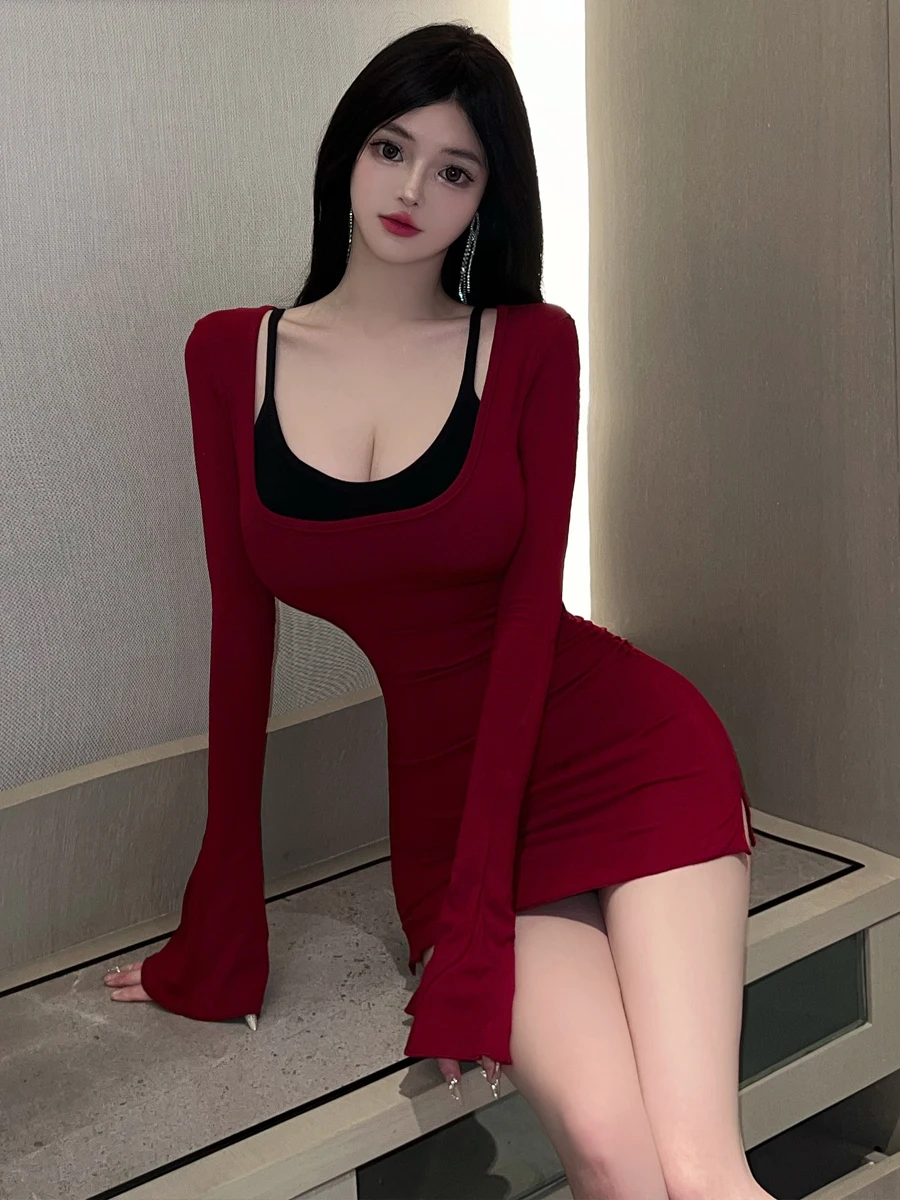 Sexy Black Strap Vest Top High Waist Short Skirt Two Piece Set Long Sleeve Bell Bottoms Tummy Control Polyester Blend Dress