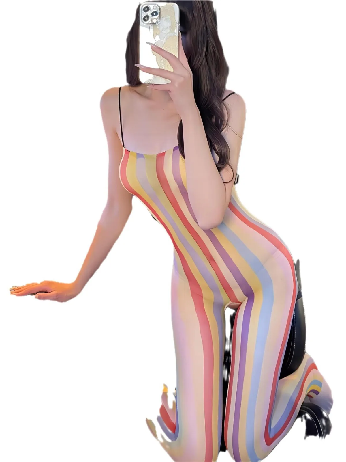 Sexy Striped Suspenders Oversized Jumpsuit Stockings Tear Off Color Stockings Perspective High Strecth SKINNY  Bodysuits ULWA