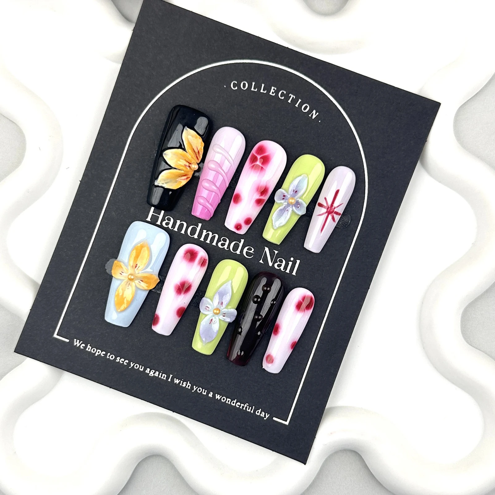 10 قطعة اليدوية طويلة الباليه الصحافة على الأظافر ثلاثية الأبعاد نحت الشيطان زهرة بتلات وهمية مسمار بقع يمكن ارتداؤها التوابل فتاة الأظافر كاذبة #6