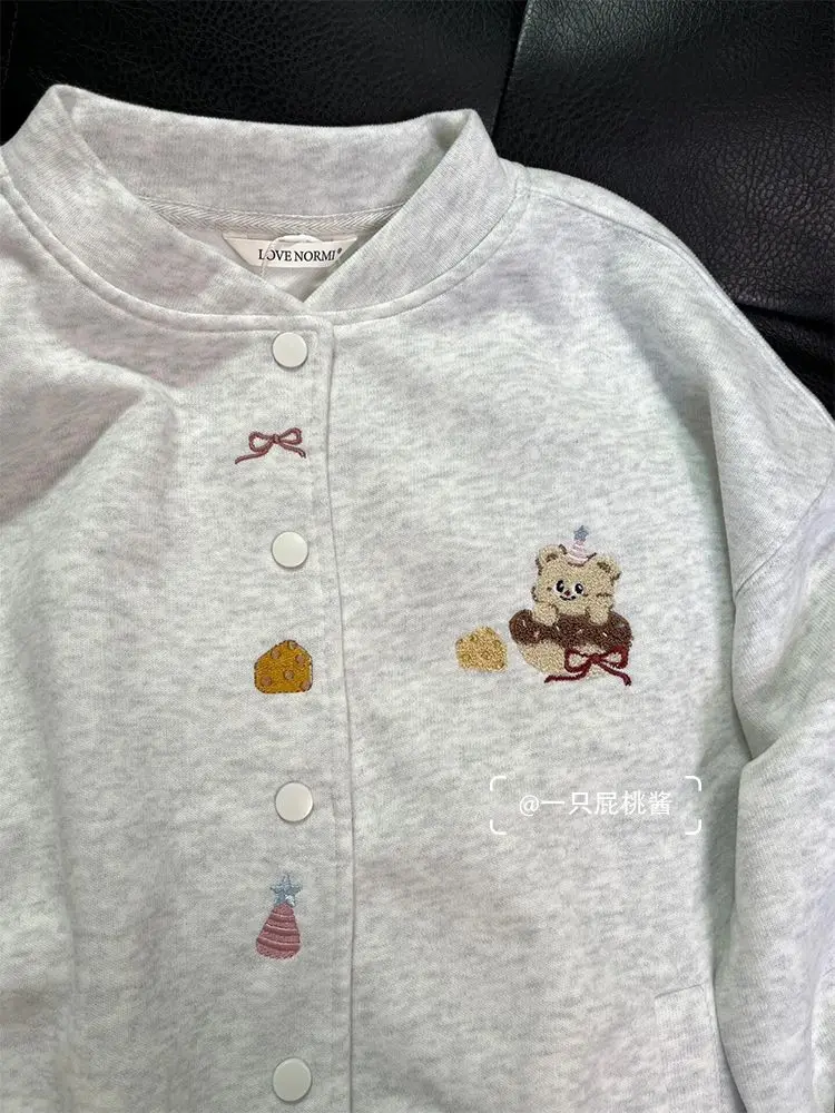 Y2K Korean Preppy Cartoon Bear Cute Embroidered Loose Baseball Jacket Hoodie Women Gray Long Sleever Sweatshirt Coat Sweet Girls