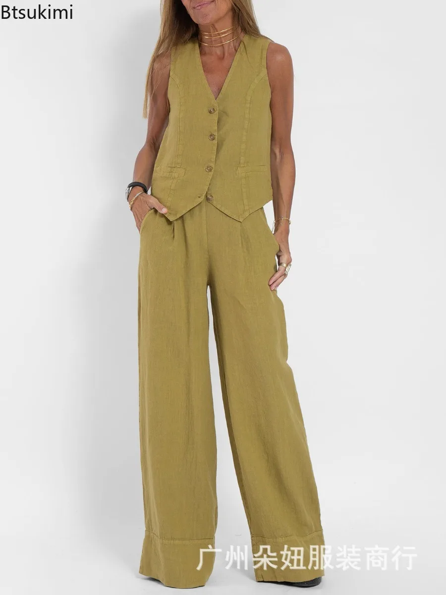 2024 Women's  Cotton Hemp Two Piece Pant Sets Sleeveless Vest Top Wide Leg Pants Suit  Ladies Elegant High Waist Trousers Outfit