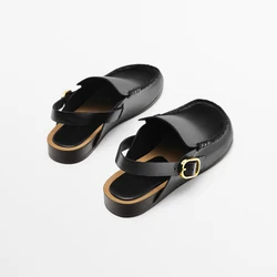 New Women's Flats Shoes Genuine Leather Female Round Head Roman Sandals 2026 Autumn Slip-on Lady Shoe Comfortable Shoes Mujer