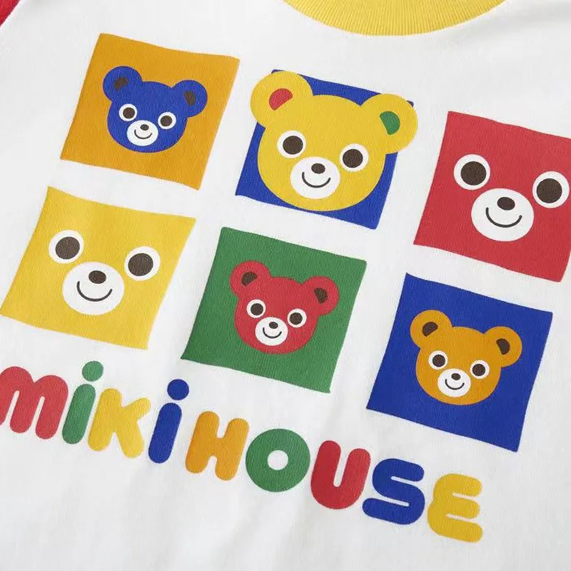 Boys\' Clothes Spring and Autumn New Six-square Grid Color Bear Print Fake Two Long-sleeved T-shirt Inner Top