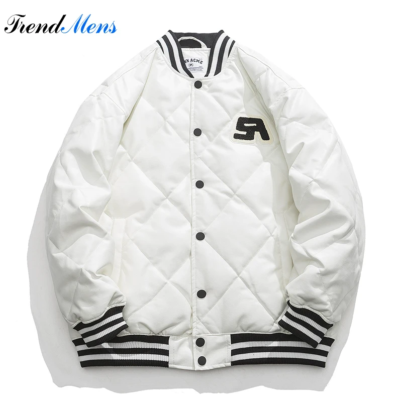 Casual Streetwear PU Leather Diamond Grid Baseball Collar Down Jacket Winter New Trend Loose Solid color Thick Warm Parkas Male