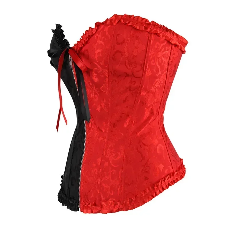 Plus Size Women Corset Top Bustier Overbust Sexy Lace up Zipper Floral Lingerie Vintage Victorian Fashion Black Red