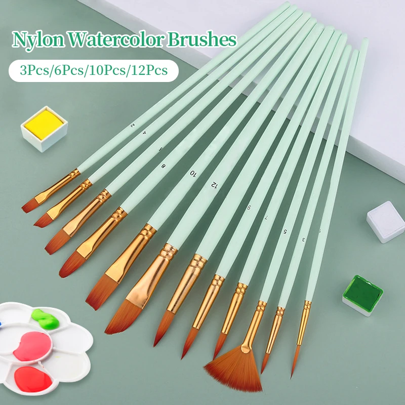 Nylon Hair Wooden Handle Artist Paint Brush Set Professional Oil Watercolor Acrylic Painting Brushes 3/6/10/12Pcs Art Supplies