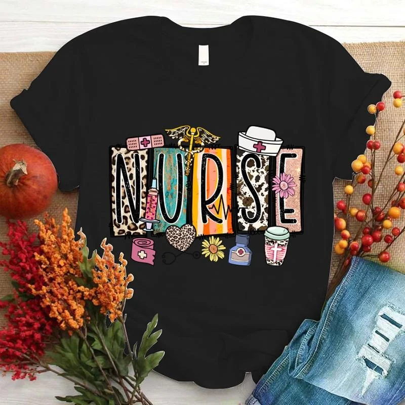 Hot Nurse Print T-shrits For Women Summer Short Sleeve Round Neck Loose T-shirt Fashion Creative Personalized Tops