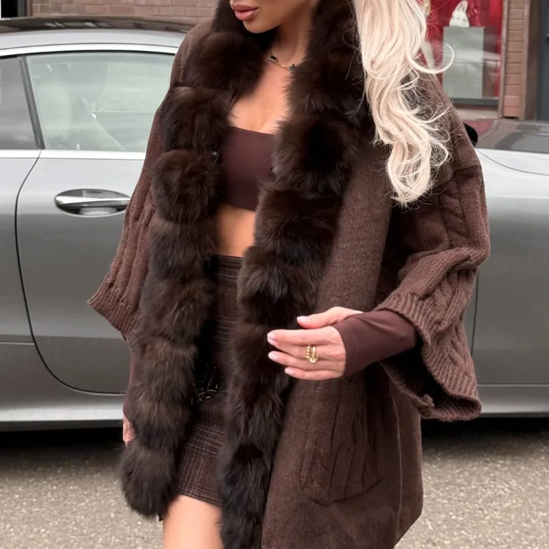 Cable Knit Cardigan with Faux Fur Collar — product details 7