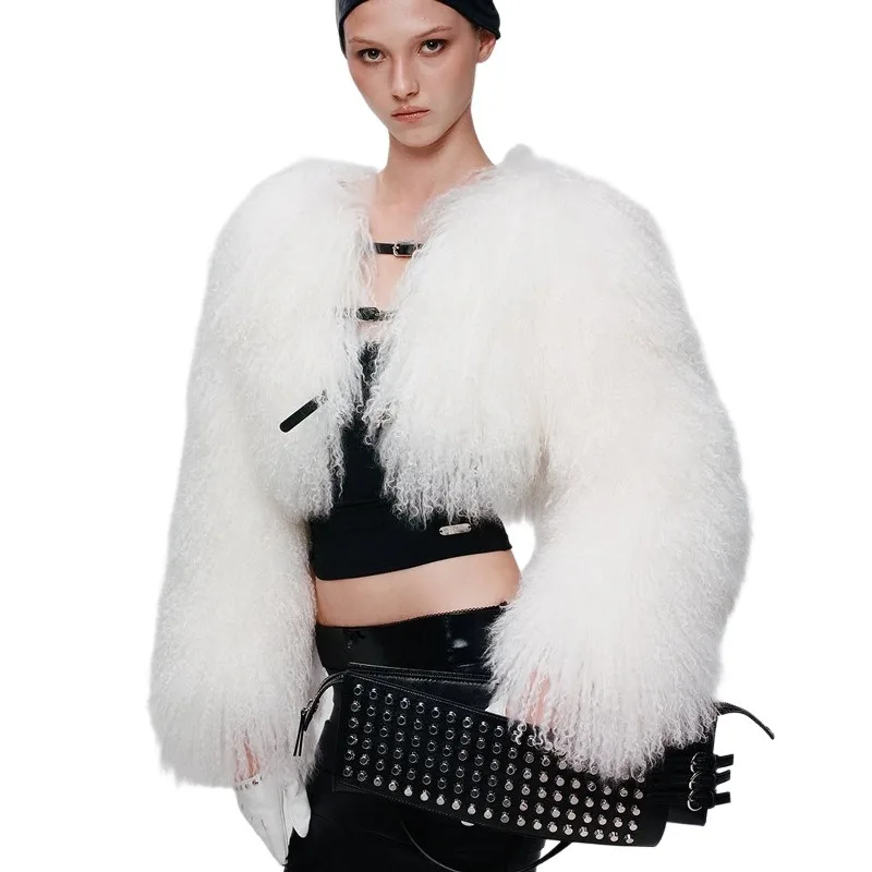النساء الصلبة الأبيض فو الفراء معاطف الشتاء س الرقبة طويلة الأكمام أحزمة المفتوحة غرزة سميكة الدافئة السترات المحاصيل القمم الاتجاه فروي ملابس خارجية #4