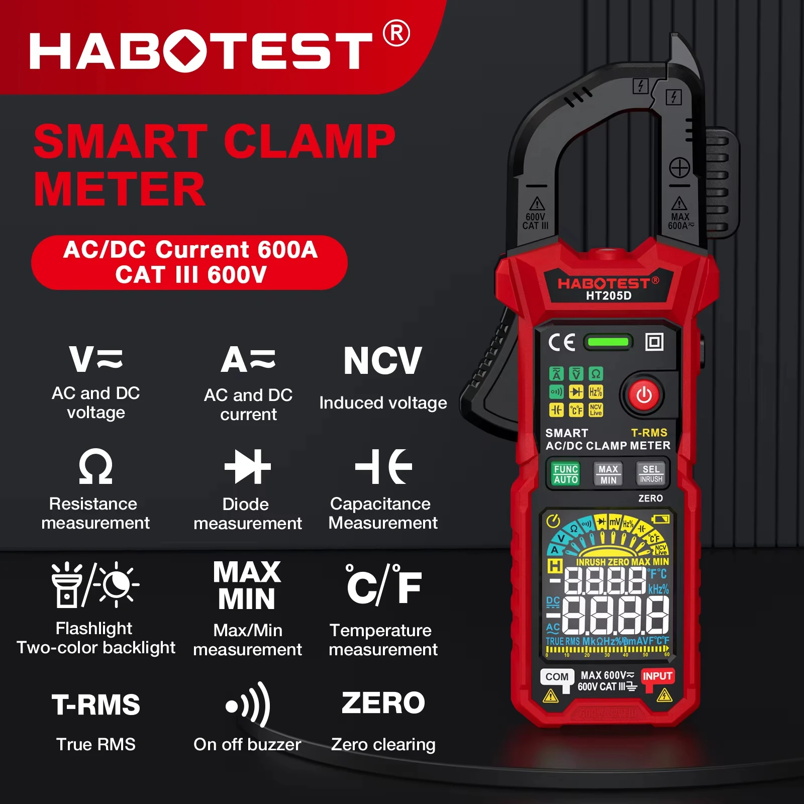 HABOTEST HT205 Clamp Meter 600A True RMS AC/DC Current Amp Meter Measures Current Voltage Temperature Capacitance Ohm Tester