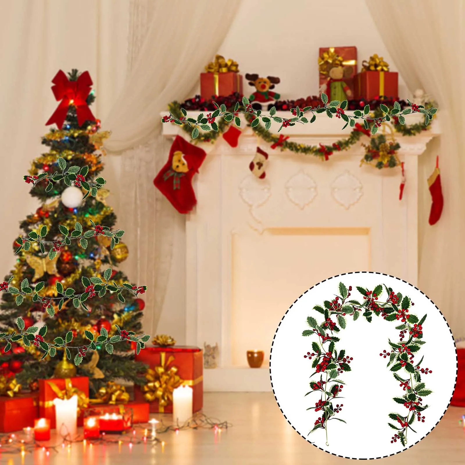 2024 Red Christmas Berry Garland Flexible Artificial Berry Holly Xmas Tree Hanging Rattan Ornaments Christmas Party Home Decor