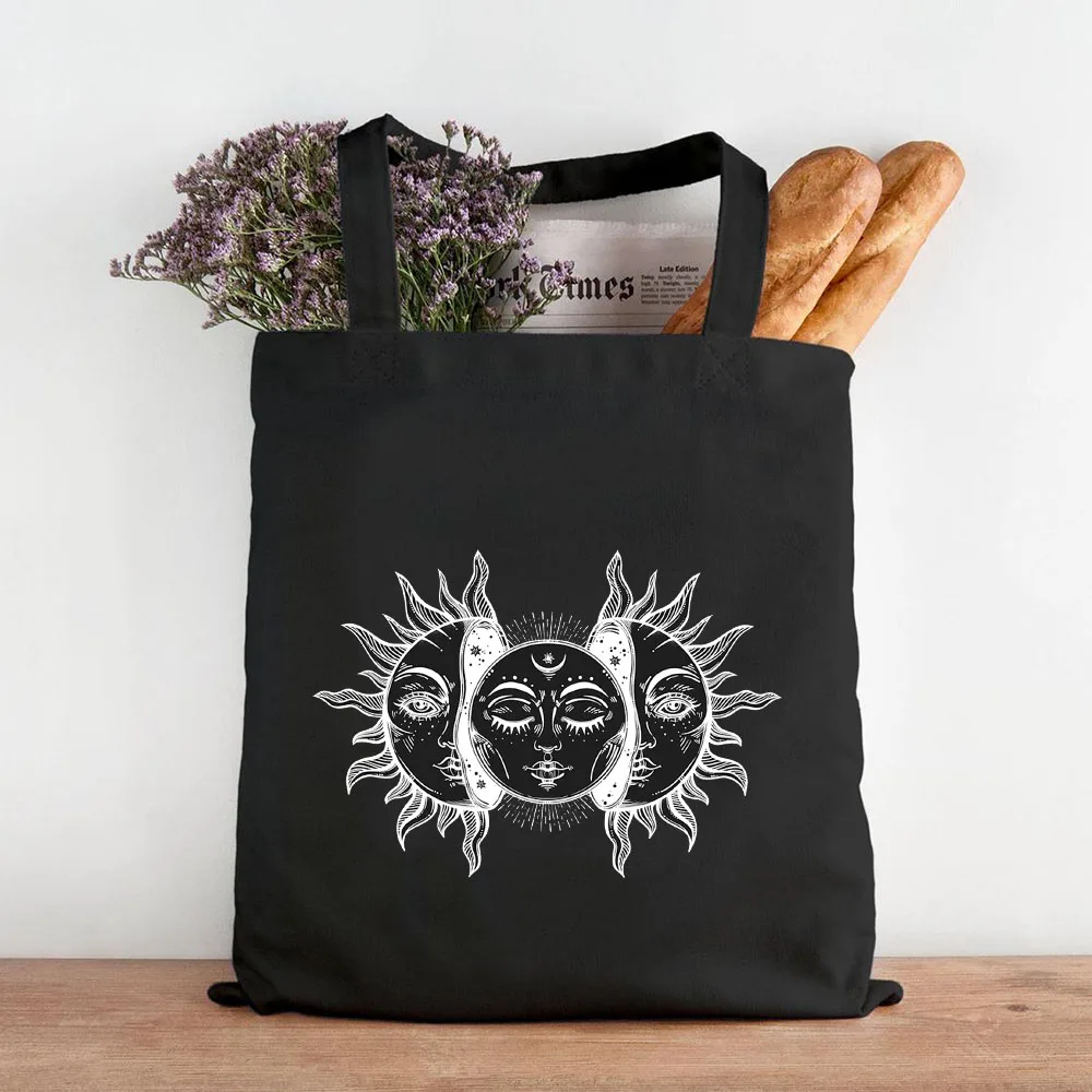 Vintage Celestial Golden Sun Face Moon Star Art Women Canvas Shoulder Bags Harajuku Handbag Tote Eco Shopper Cotton Shopping Bag