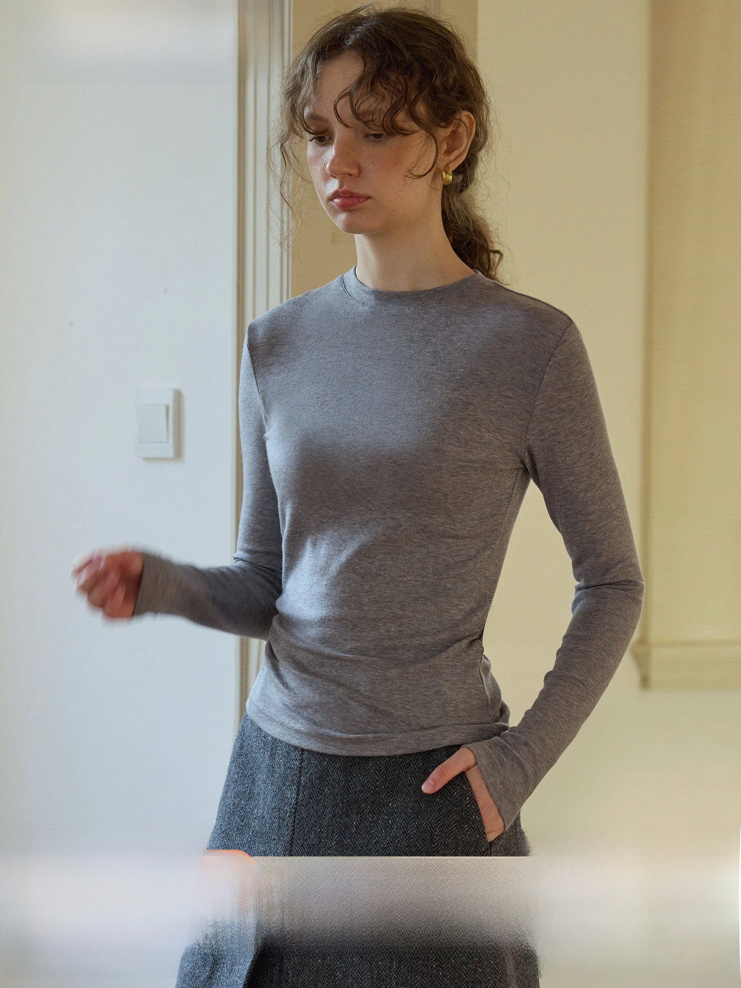 

Lanximiao женская футболка Long Sve из шерсти и лиоцеллы, облегающий базовый слой, круглый тонкий универсальный многослойный топ