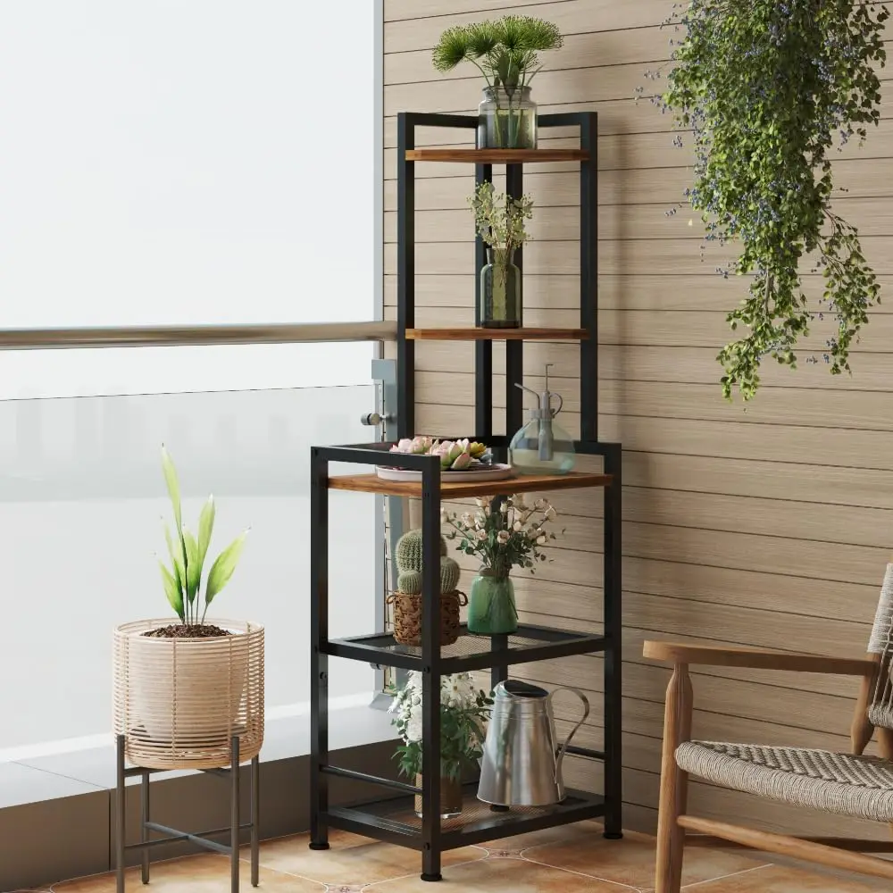 

Plant Stand, Corner Shelf Stand, 5-Tier Corner Bookshelf, Tall Standing Storage Shelf Organizer with Metal Frame & Wood