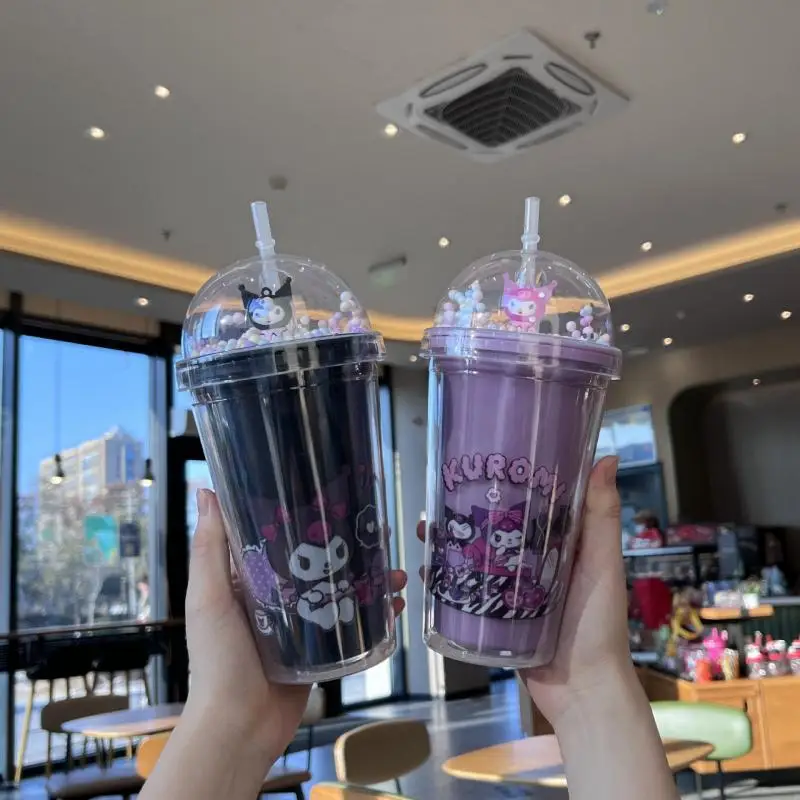 Anime Sanrio Wasser flasche Hallo Kitty Melodie Kuromi Cinna moroll Doppels chicht Plastik becher tragbare Sport becher Mädchen Geburtstags geschenke