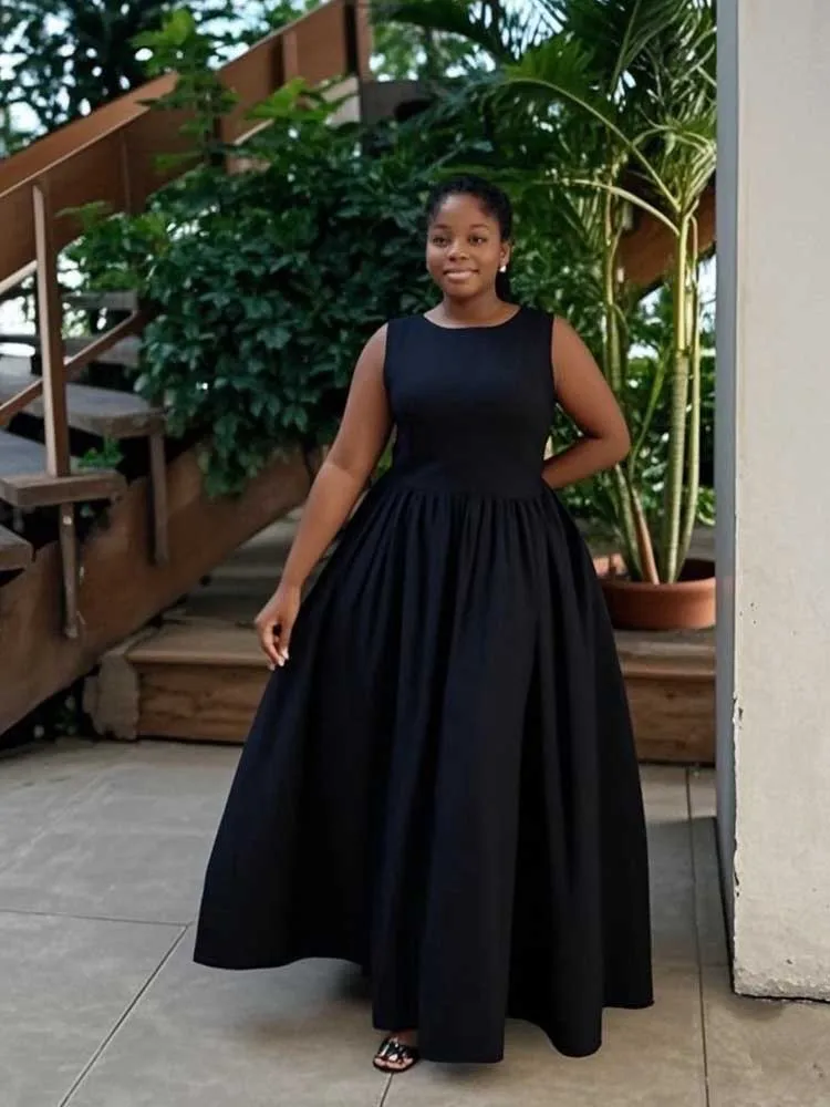 Classic French Dress Women Elegant O Neck Long Sleeveless Dress Cut Out Backless Summer Casual High Waist Slim Tank Top Dress