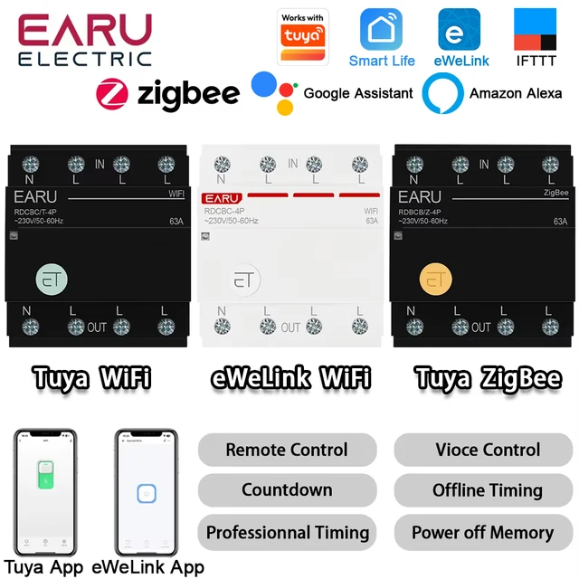 Inteligentny wyłącznik automatyczny Tuya eWeLink WiFi ZigBee MCB 3P+N z timerem, przekaźnikiem i zdalnym sterowaniem głosowym, kompatybilny z Alexa i Google Home Assistant
