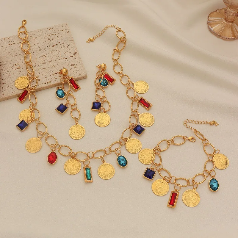 Coin jewelry set, including a colorful diamond necklace, a bracelet, and a pair of cubic zirconia earrings