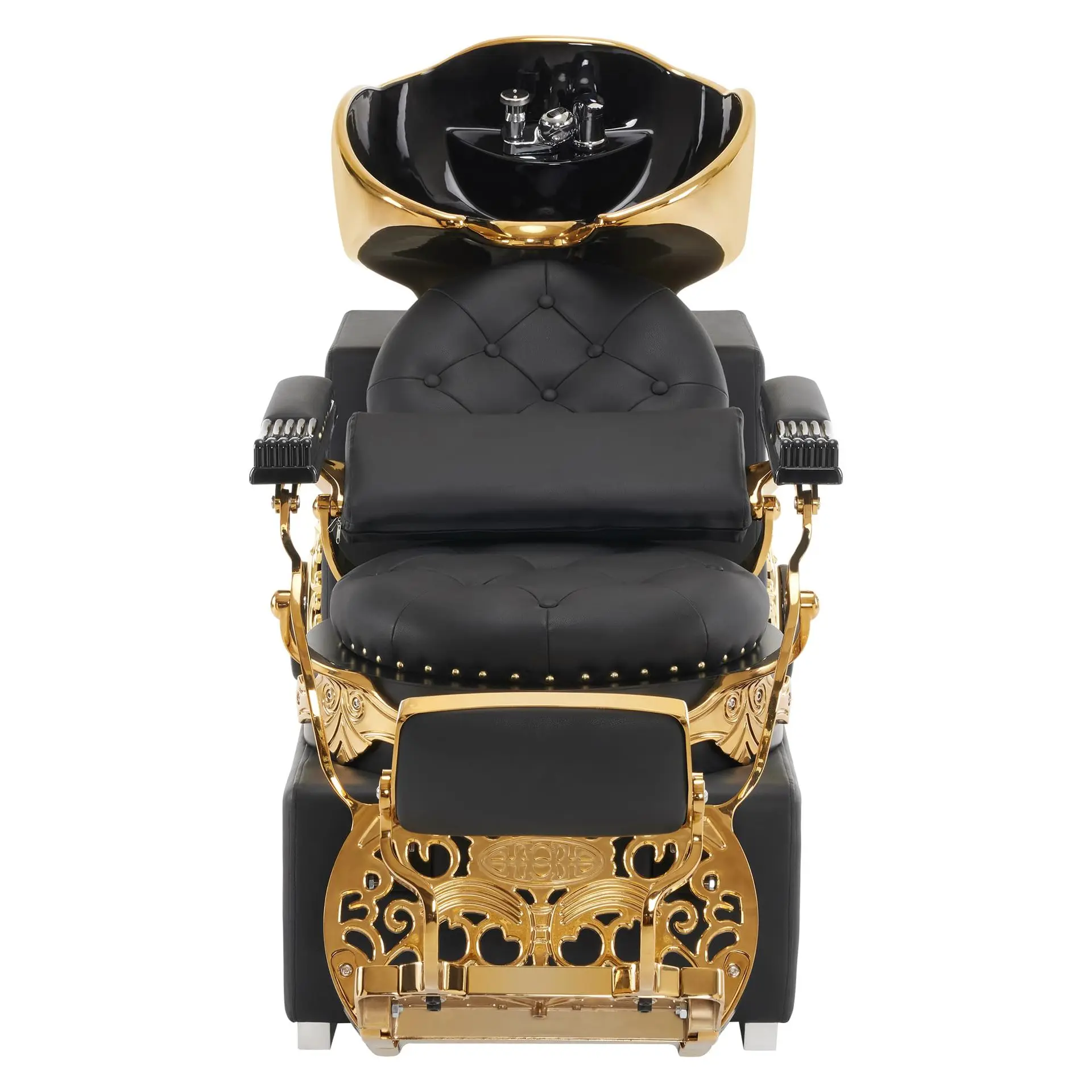 

&c Antique Style Barber Shop Black Gold Wash Chair Reclining Leather Metal Salon Beauty Retro Shampoo Chair