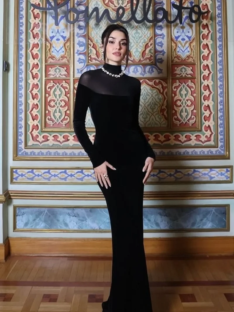 فستان سهرة أسود شبكي مرقع من FDYOUI للنساء أنيق شفاف بأكمام كاملة فساتين طويلة لحفلات الكوكتيل #4